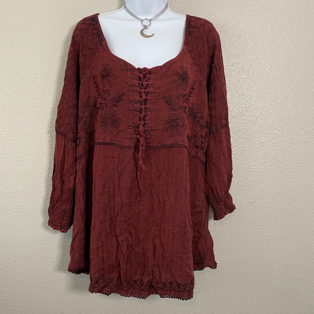 Red Peasant Blouse XL Whimsigoth Witchy Renaissance Faire Lace Up Embroidered
